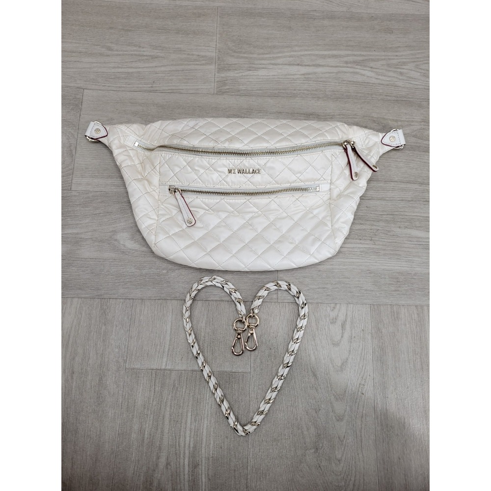 MZ Wallace Crosby Sling Crossbody Bag Cream Ivory Shiny Quilted Nylon Purse